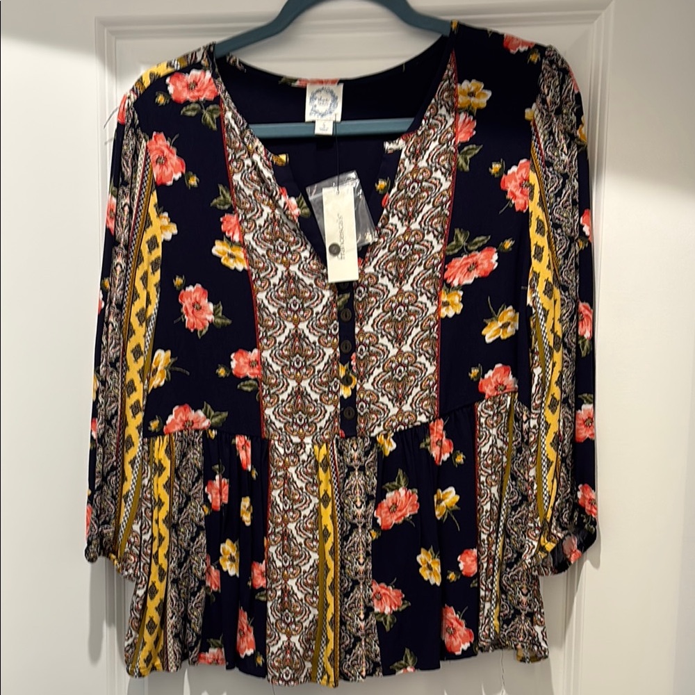 NWT Francesca’s Pink and Yellow Ruffled 3/4 Sleeve Blouse